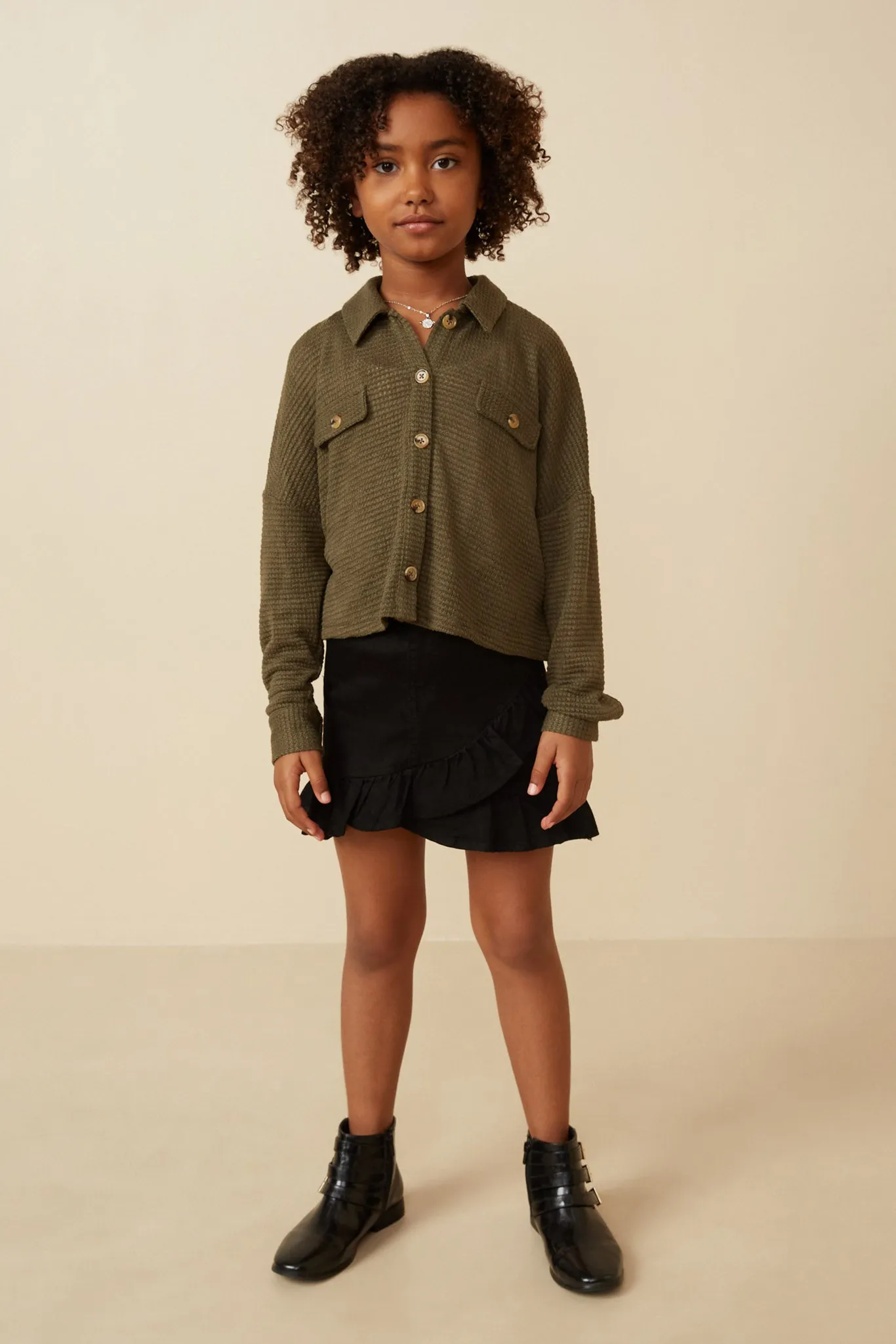 Soft Waffle Knit Dolman Button Up Shirt