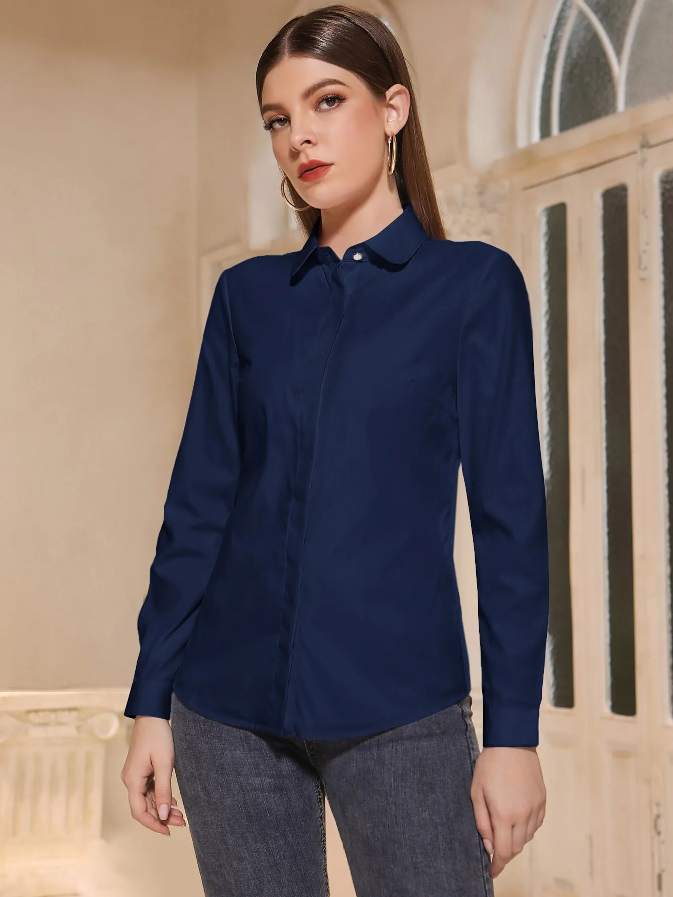 Solid Button Front Shirt