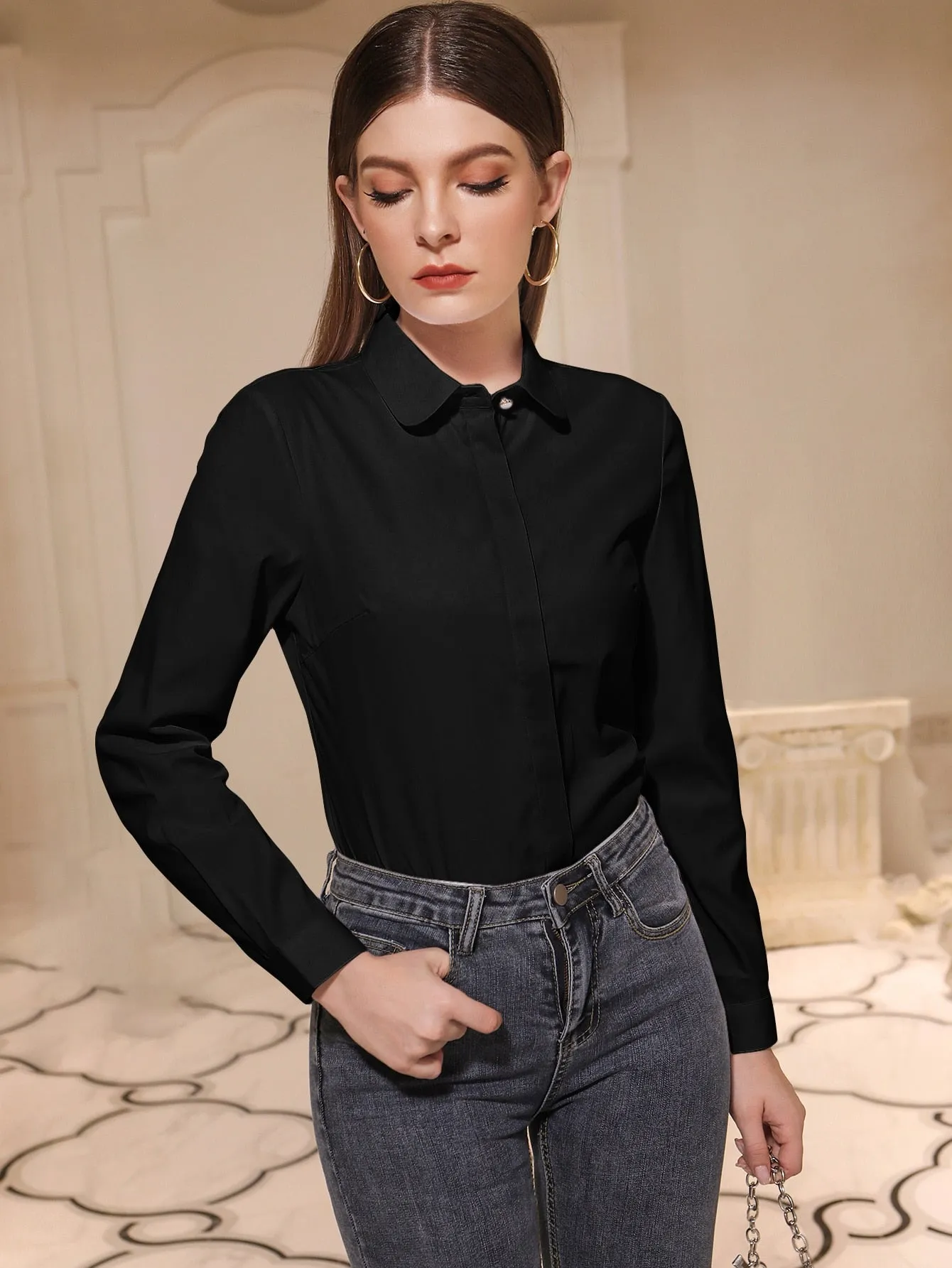 Solid Button Front Shirt