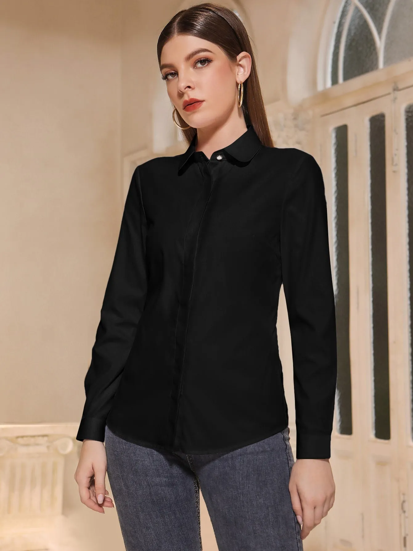 Solid Button Front Shirt