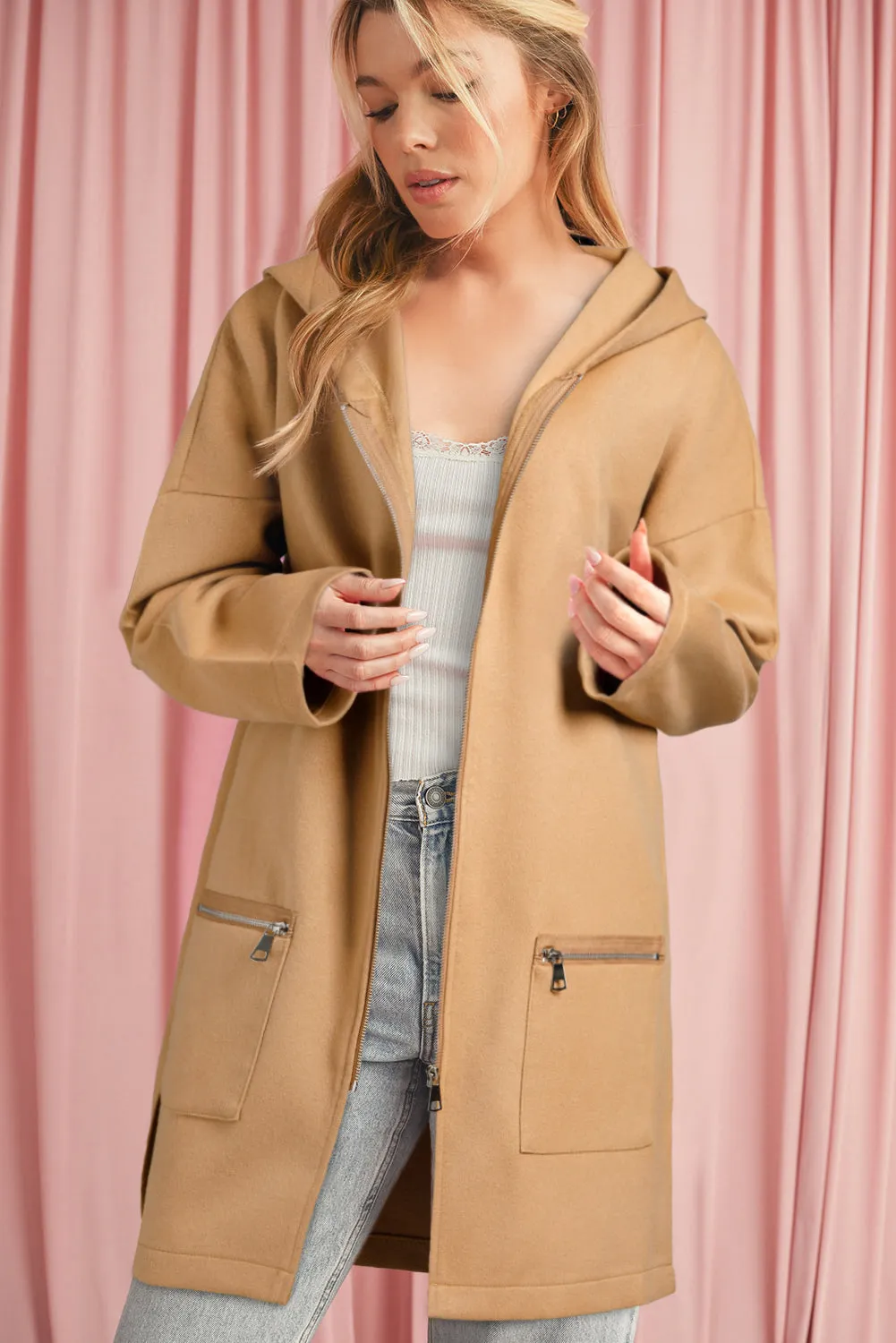Solid Color Casual Zipper Hooded Jacket in Black or Khaki