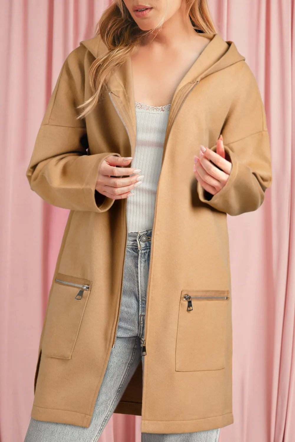 Solid Color Casual Zipper Hooded Jacket in Black or Khaki