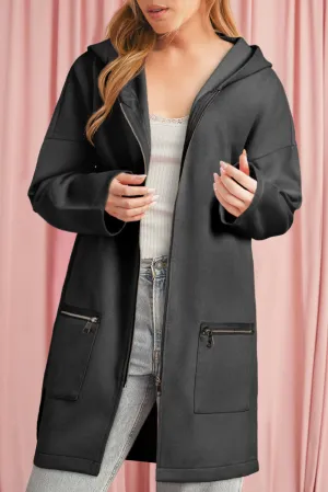 Solid Color Casual Zipper Hooded Jacket in Black or Khaki