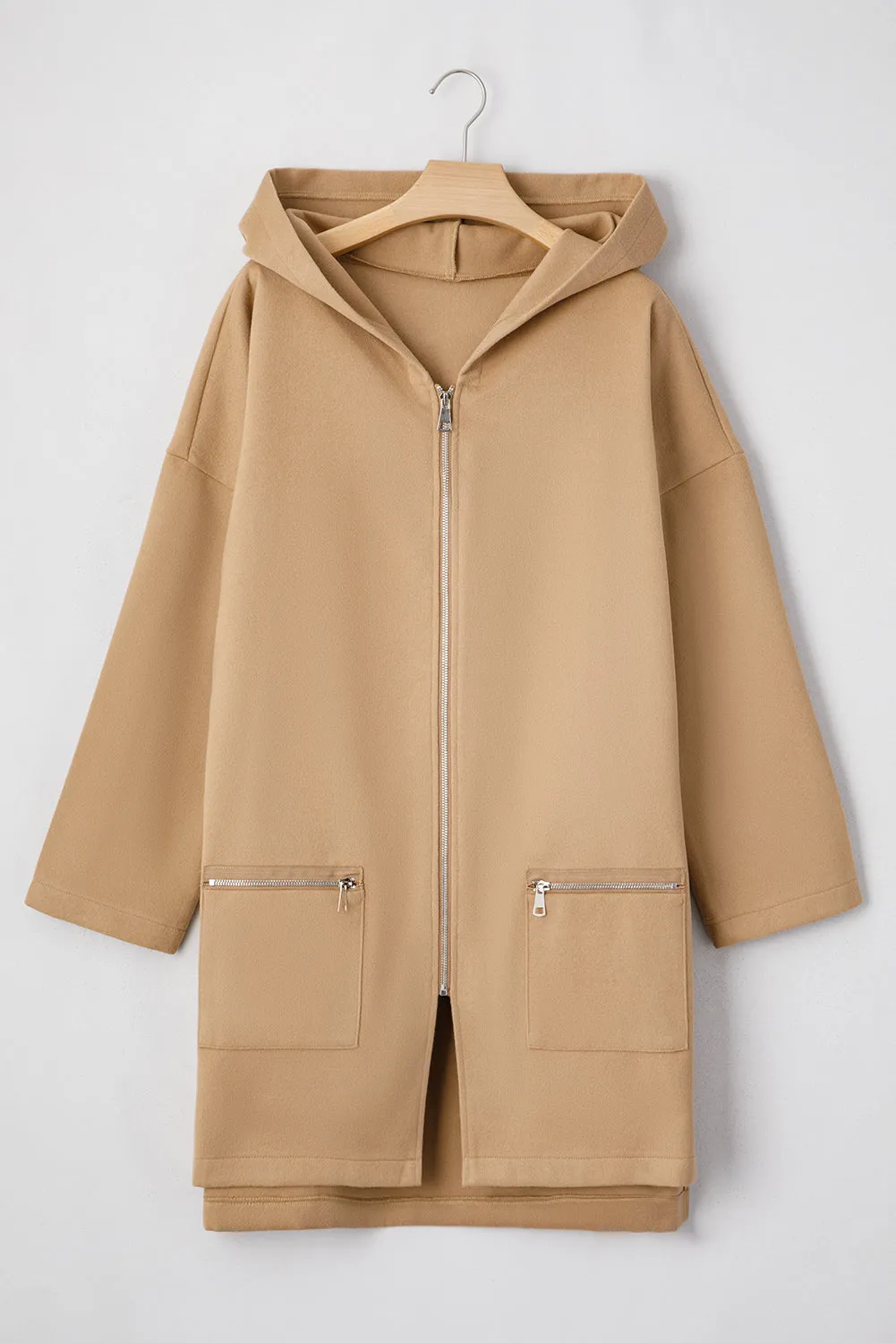 Solid Color Casual Zipper Hooded Jacket in Black or Khaki