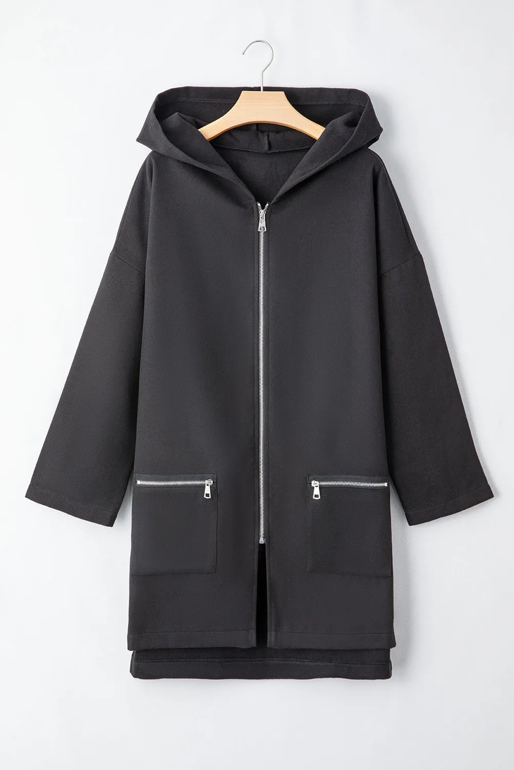 Solid Color Casual Zipper Hooded Jacket in Black or Khaki