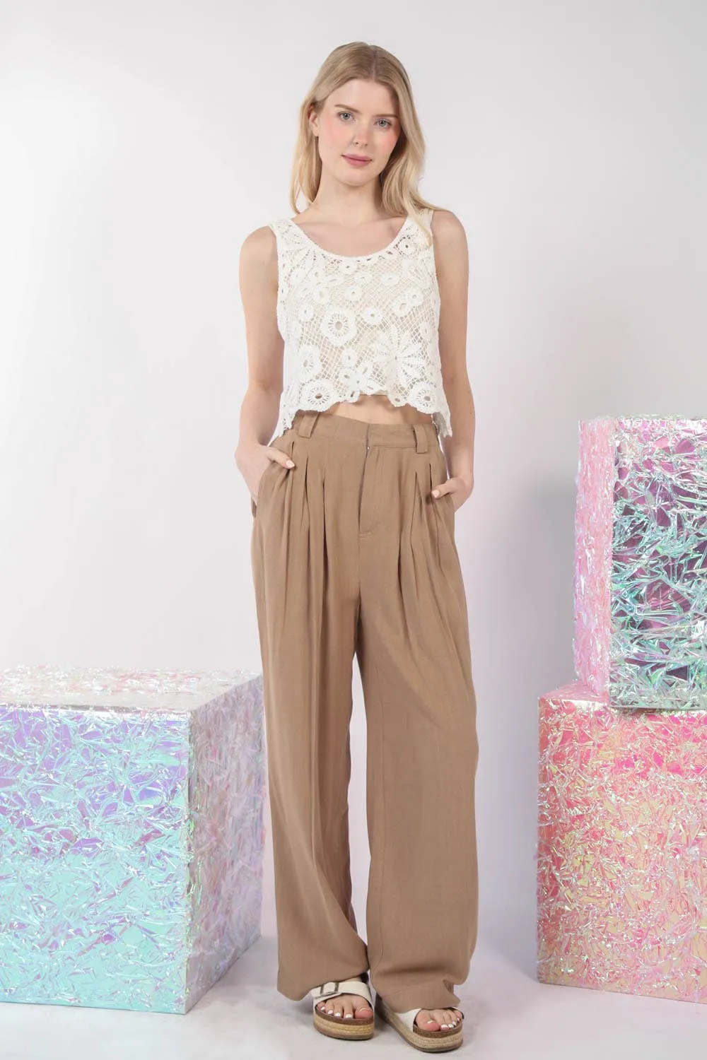 Solid Linen Pleated Wide Leg Comfy Pants-Curvy - FINAL SALE