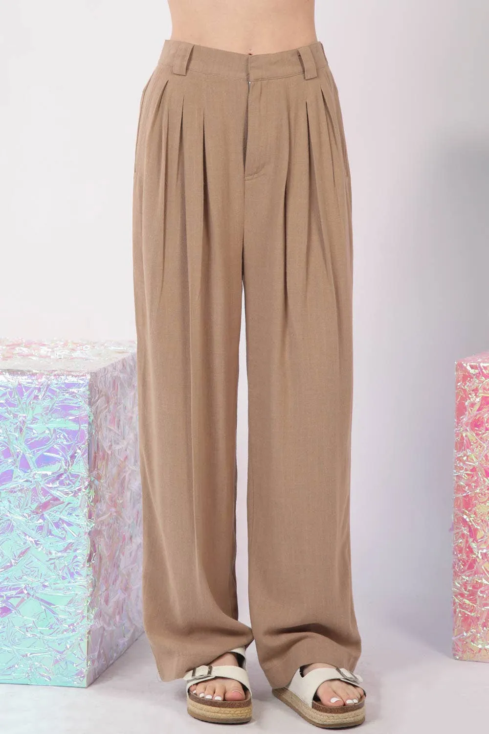 Solid Linen Pleated Wide Leg Comfy Pants-Curvy - FINAL SALE