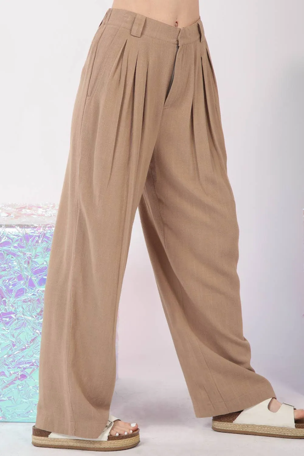 Solid Linen Pleated Wide Leg Comfy Pants-Curvy - FINAL SALE