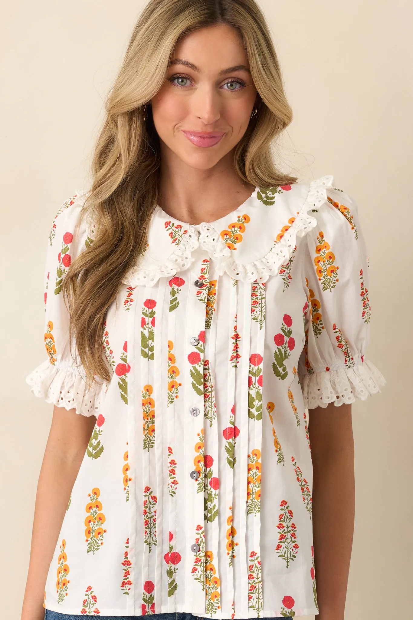 Some Things Take Time Red Floral Cotton Button Front Top