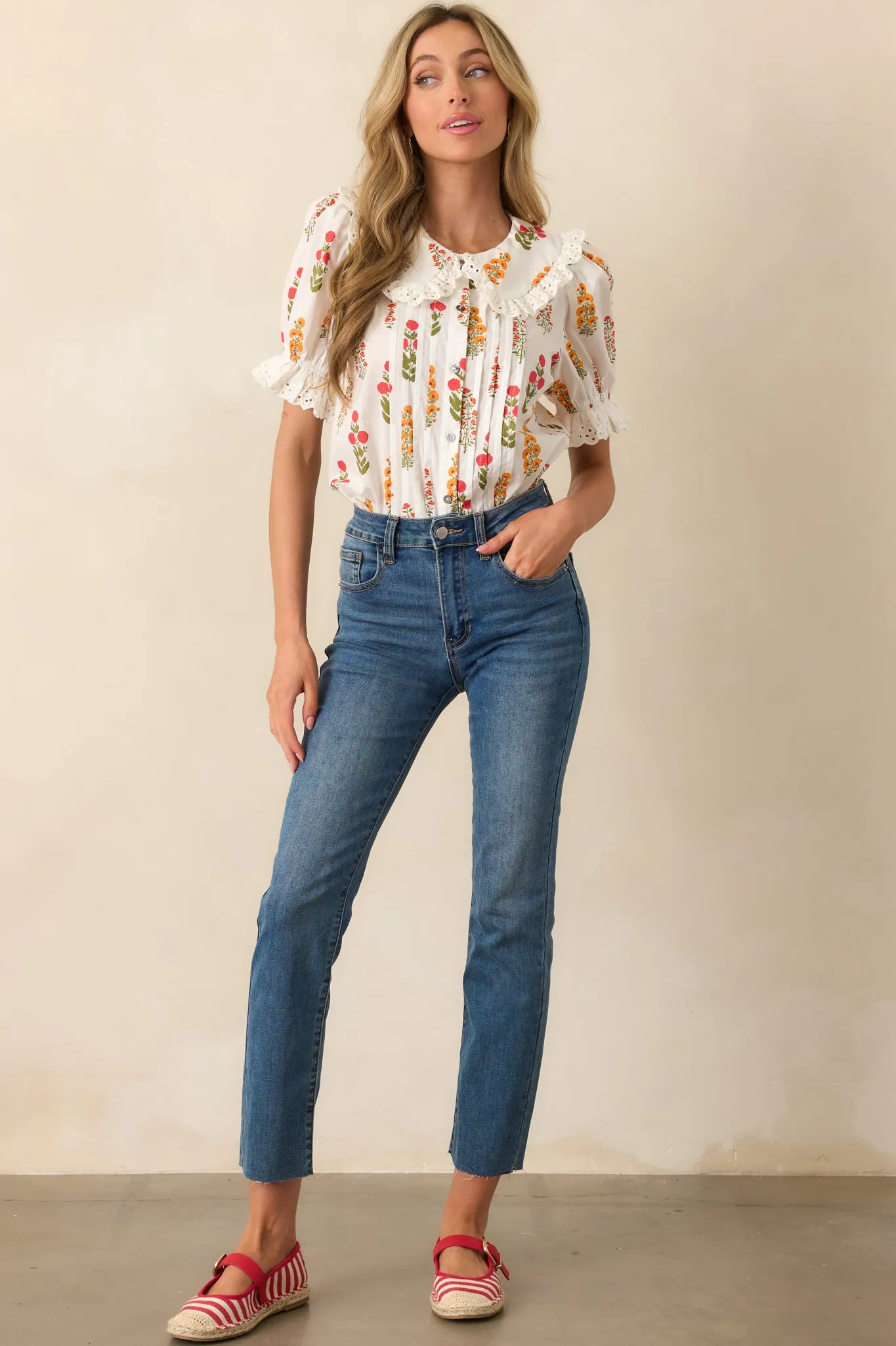 Some Things Take Time Red Floral Cotton Button Front Top