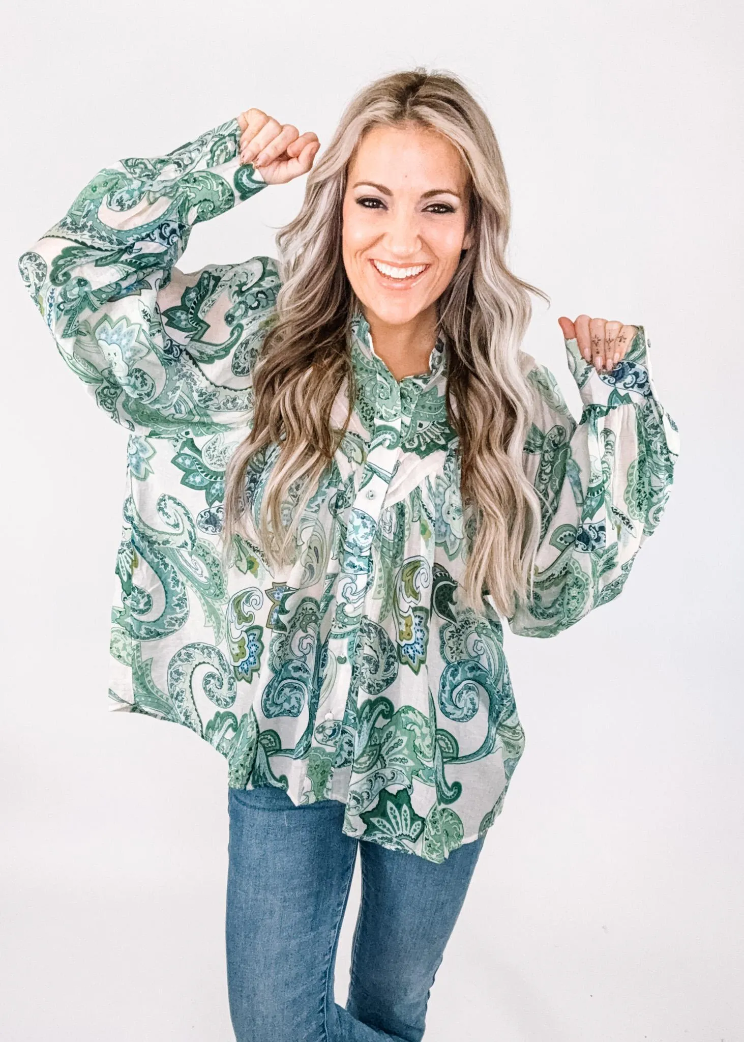 Spearmint Paisley Bubble Sleeve Top