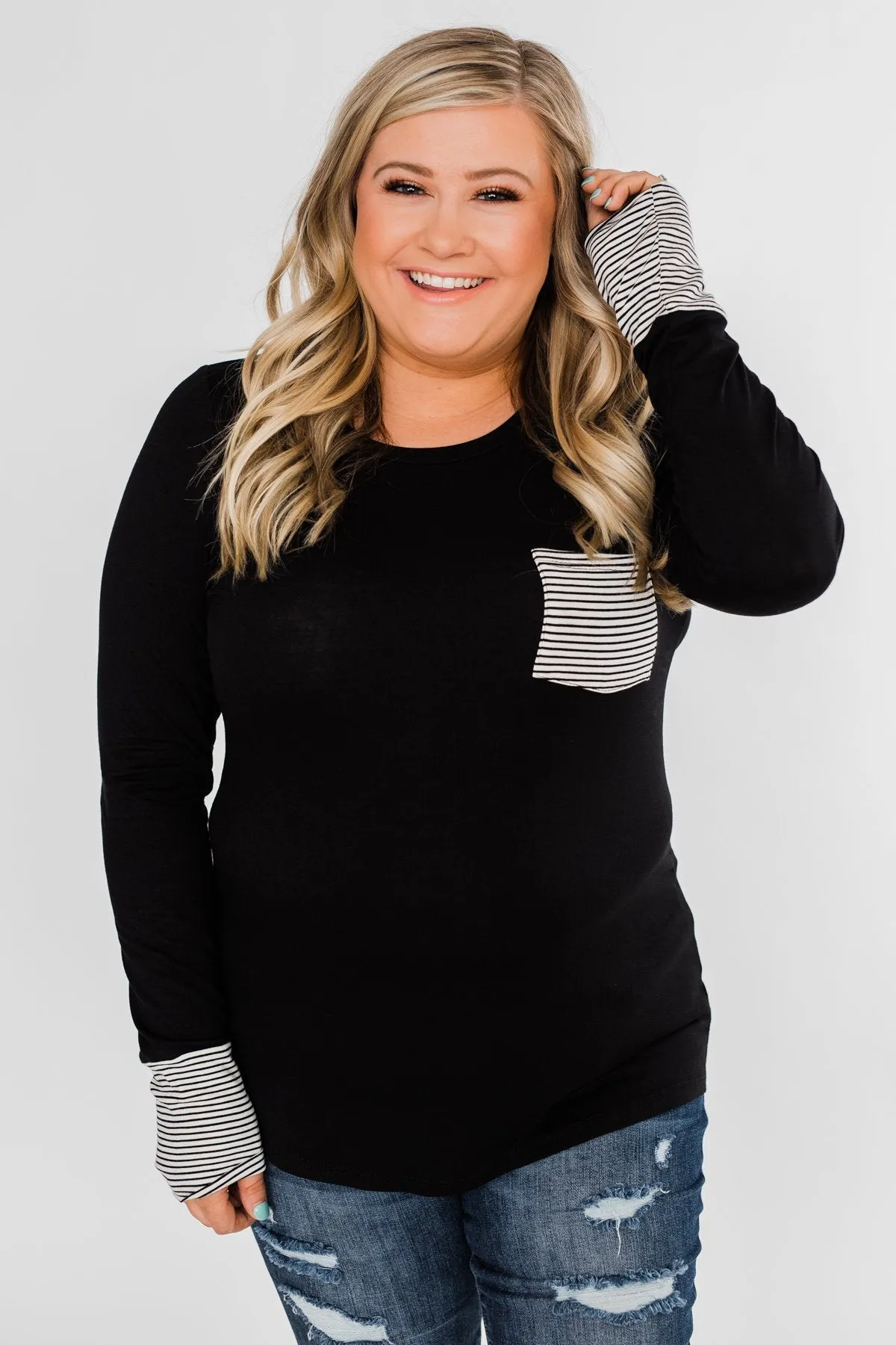 Special to Me Striped Detail Long Sleeve Top- Black
