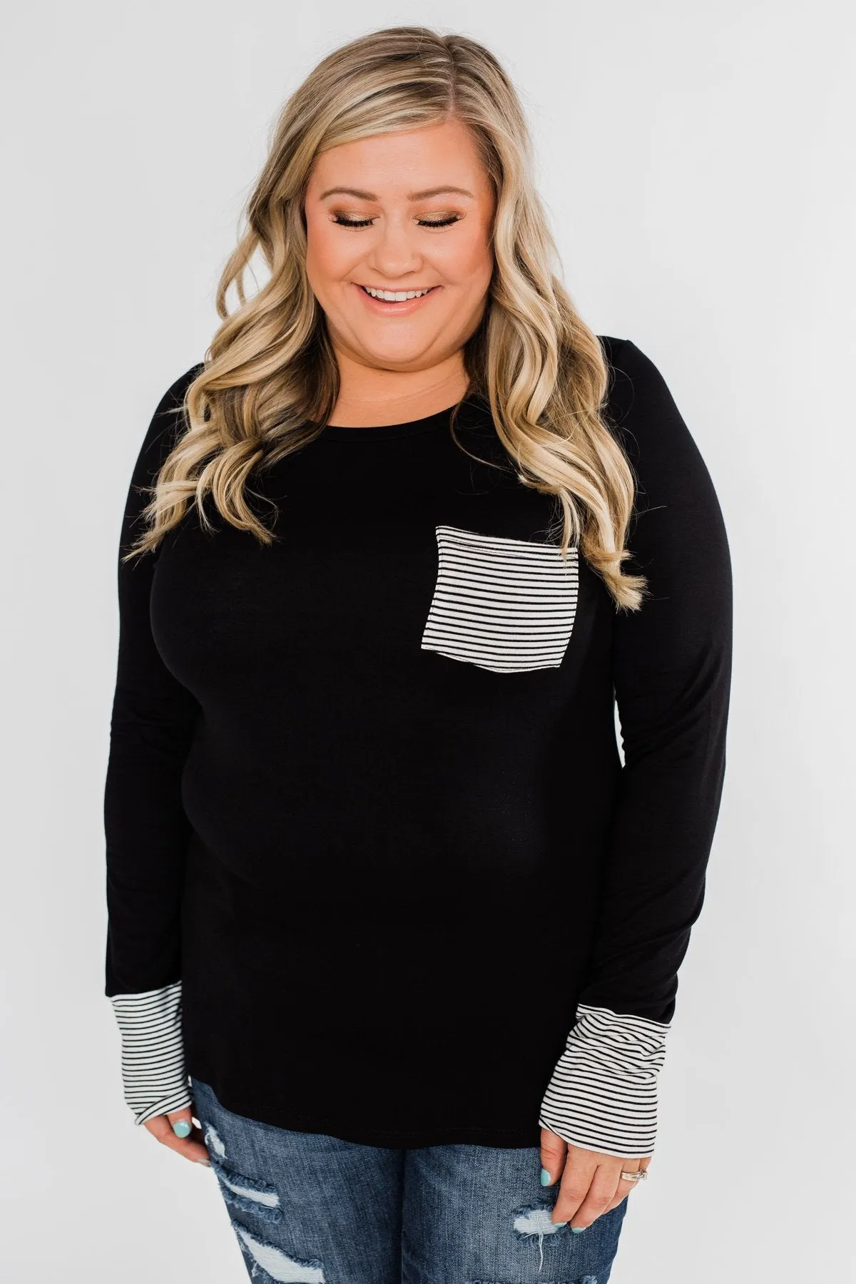 Special to Me Striped Detail Long Sleeve Top- Black