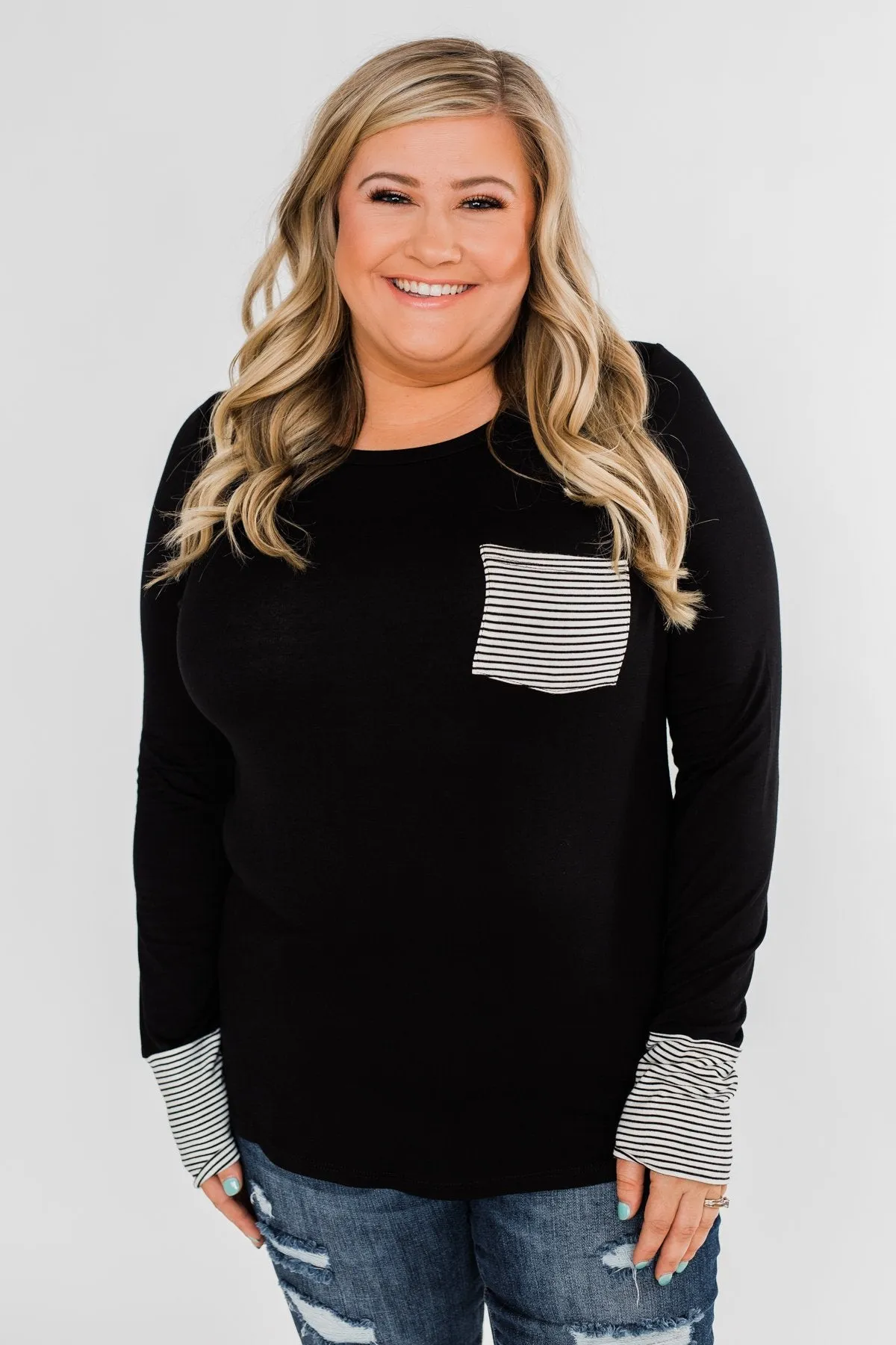 Special to Me Striped Detail Long Sleeve Top- Black