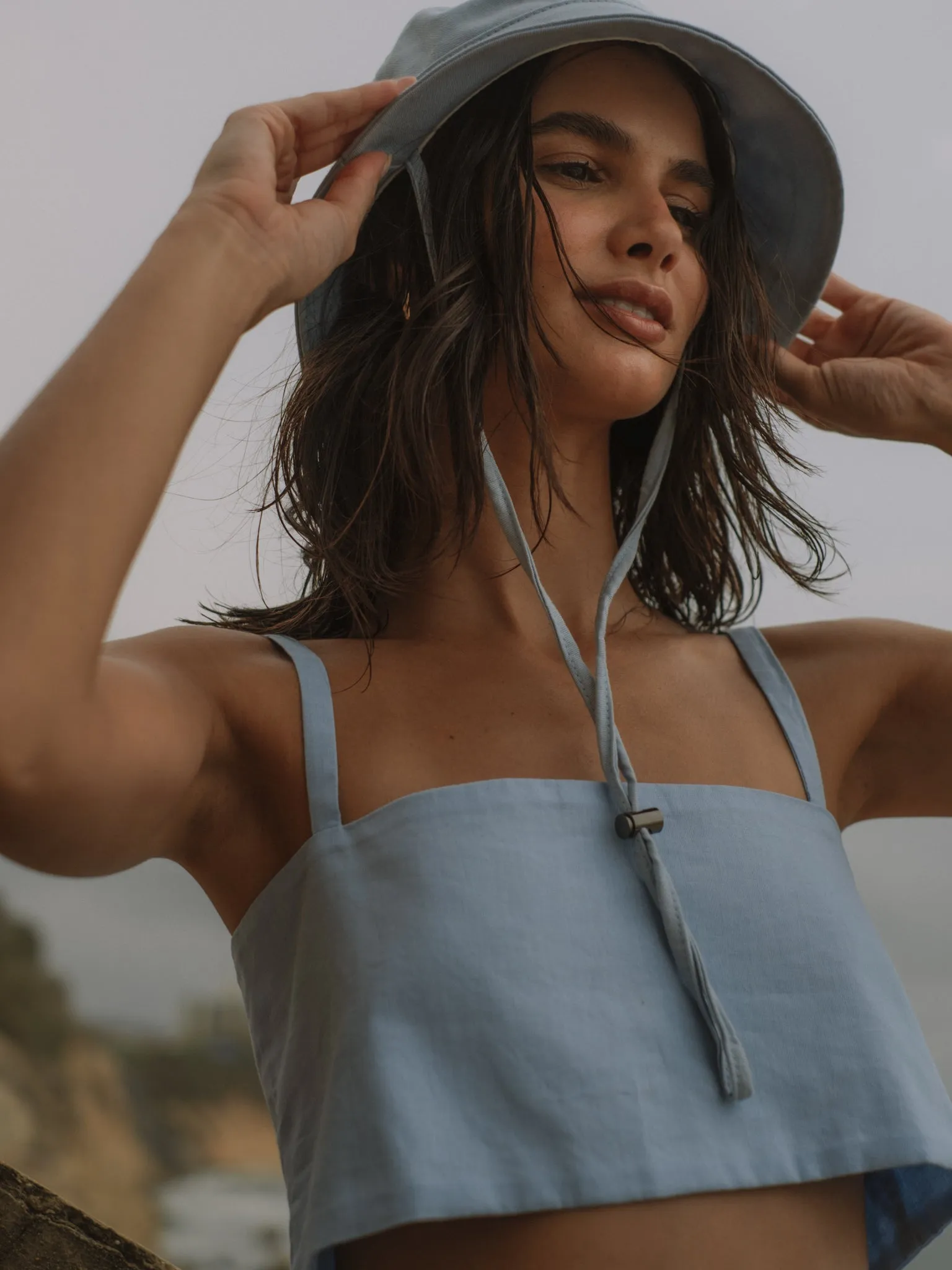 SQUARE LINEN TOP - BABY BLUE