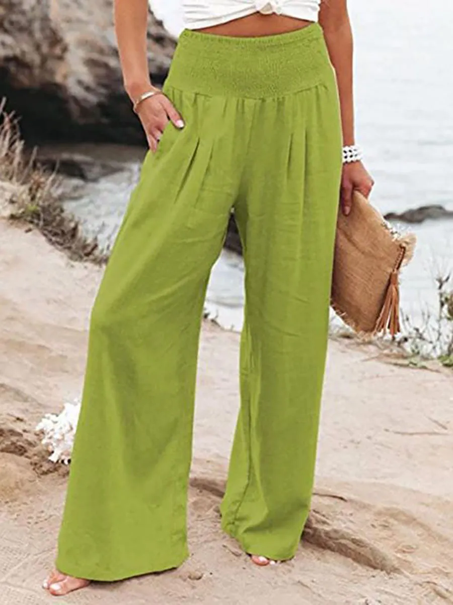 Stunncal Fresh Air Linen Blend Pocketed Smocked Pants(10 Colors)