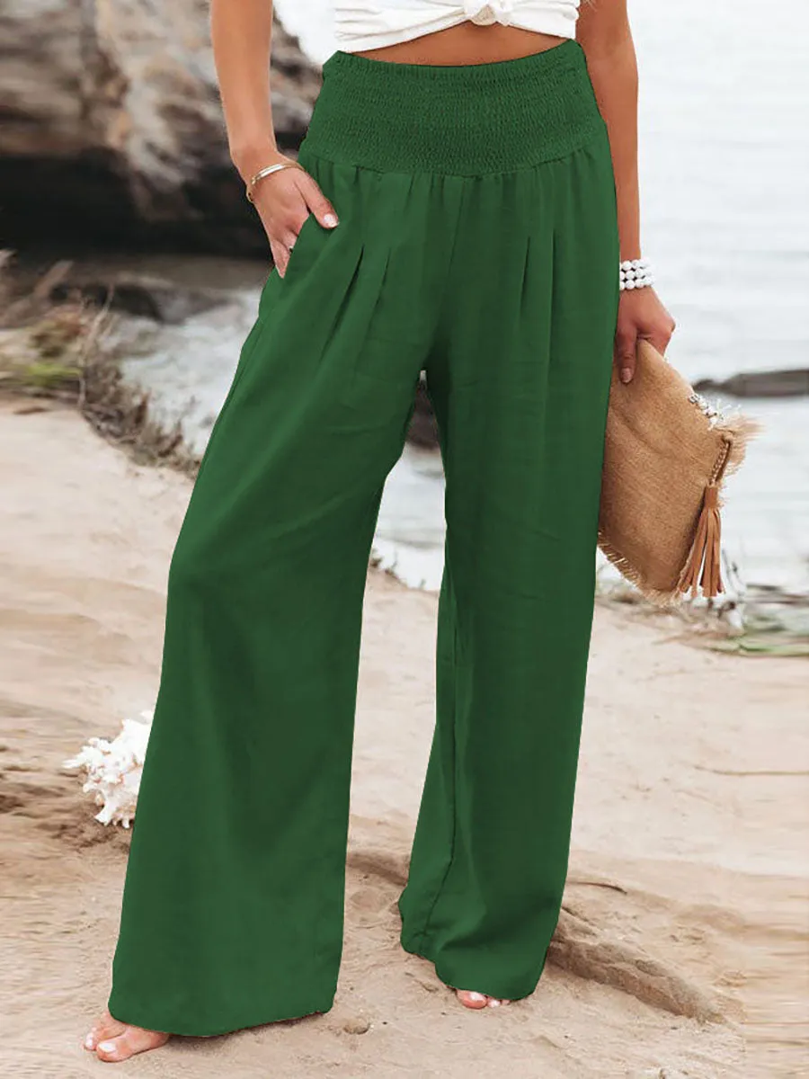 Stunncal Fresh Air Linen Blend Pocketed Smocked Pants(10 Colors)