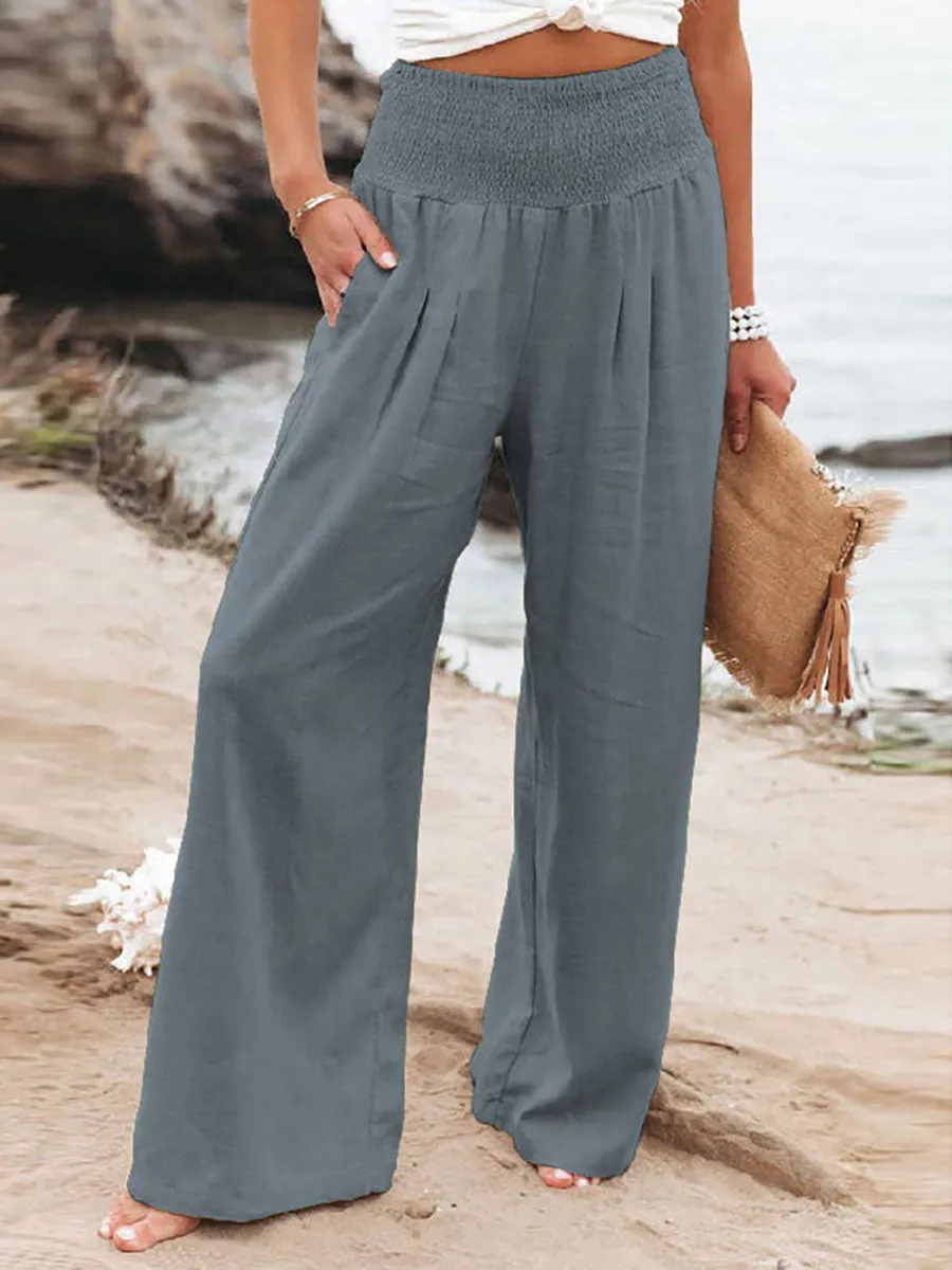 Stunncal Fresh Air Linen Blend Pocketed Smocked Pants(10 Colors)