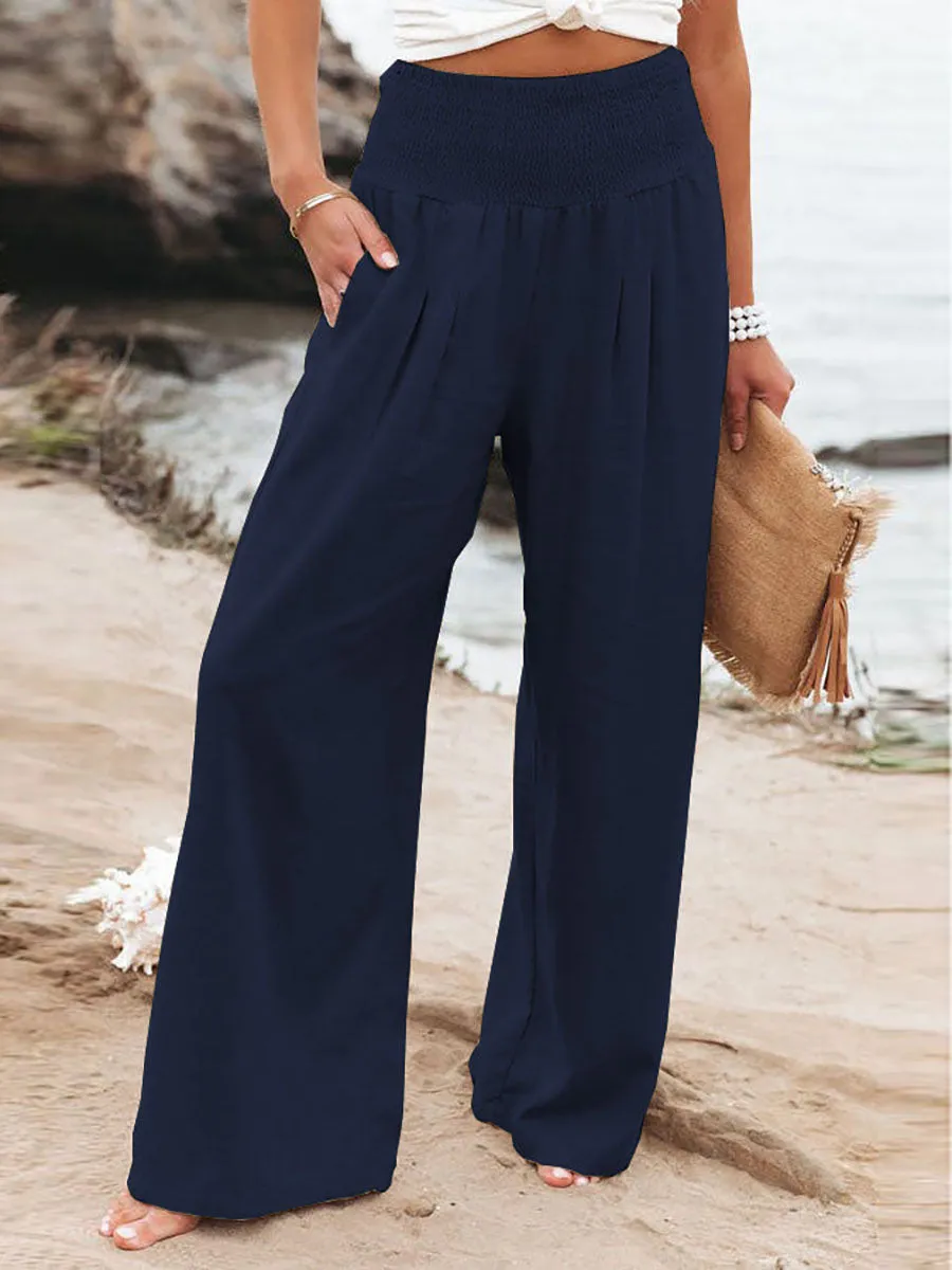 Stunncal Fresh Air Linen Blend Pocketed Smocked Pants(10 Colors)