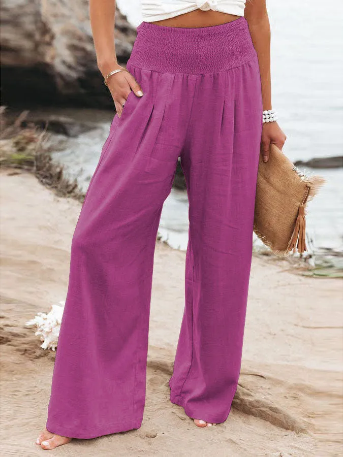 Stunncal Fresh Air Linen Blend Pocketed Smocked Pants(10 Colors)
