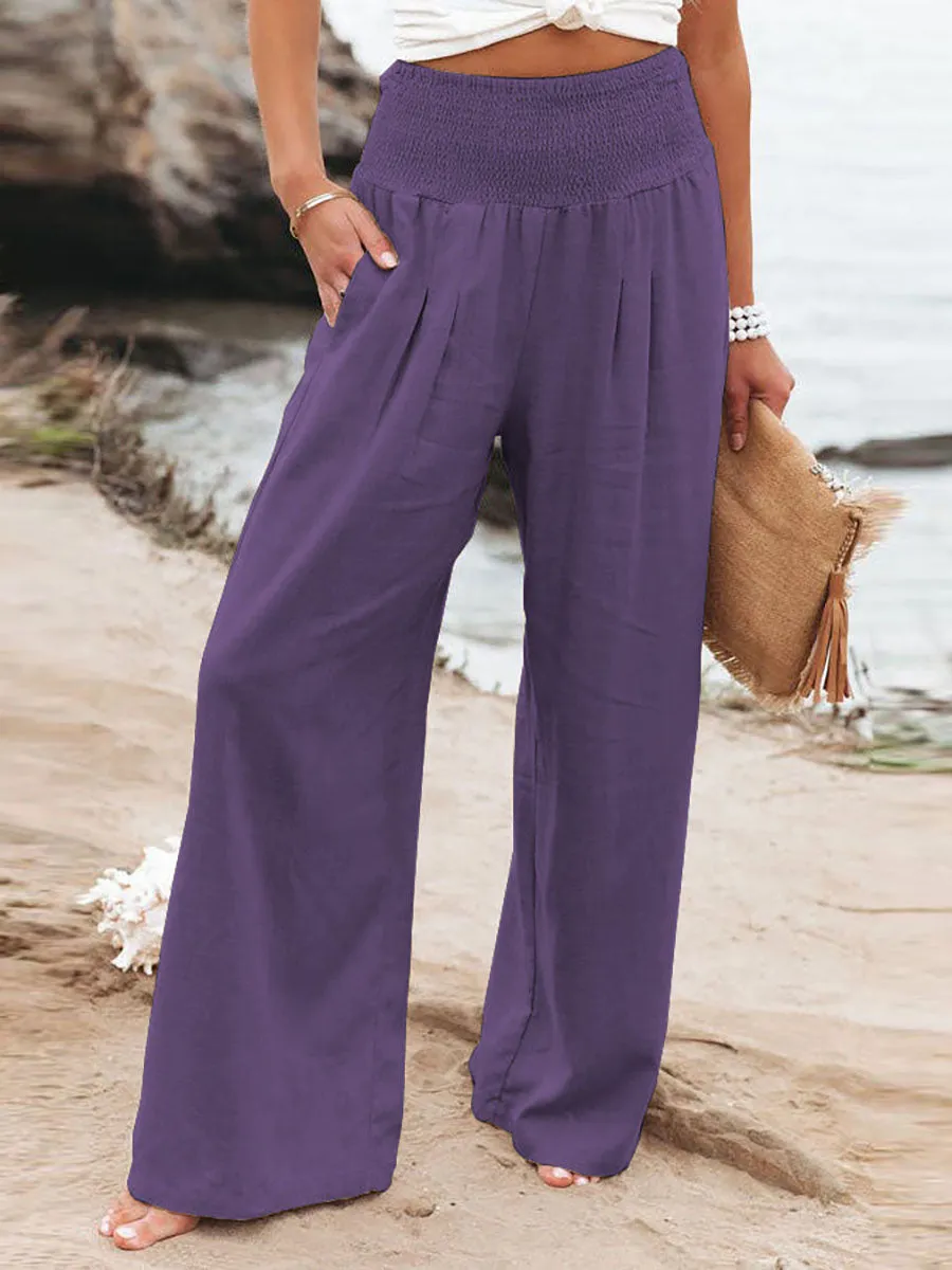 Stunncal Fresh Air Linen Blend Pocketed Smocked Pants(10 Colors)