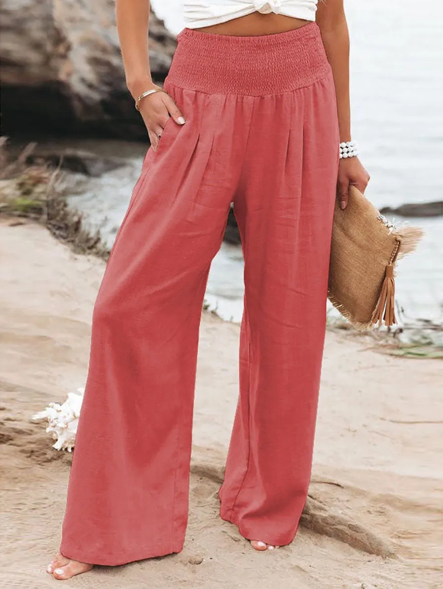 Stunncal Fresh Air Linen Blend Pocketed Smocked Pants(10 Colors)