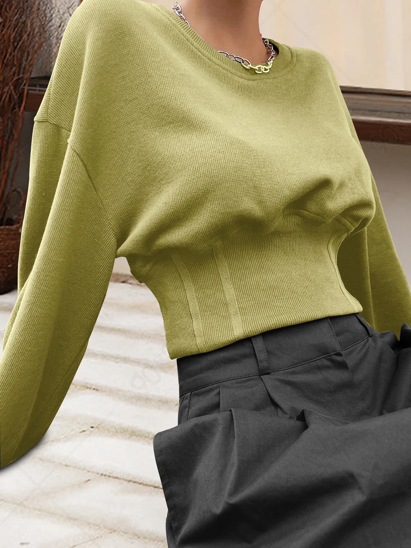 Stylish Autumn Loose Slim Waist Round Neck Long Sleeve Top for Effortless Comfort