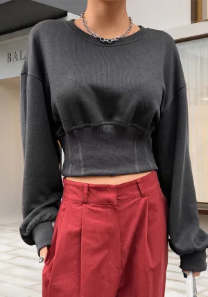 Stylish Autumn Loose Slim Waist Round Neck Long Sleeve Top for Effortless Comfort