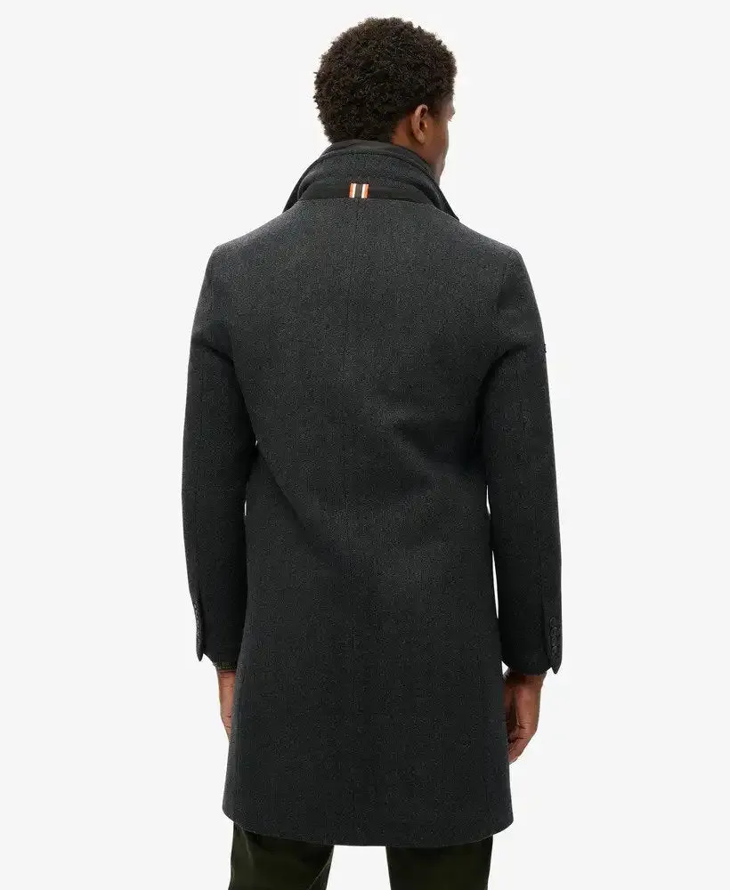 Superdry Mens 2 In 1 Towncoat Overcoat Black Herringbone