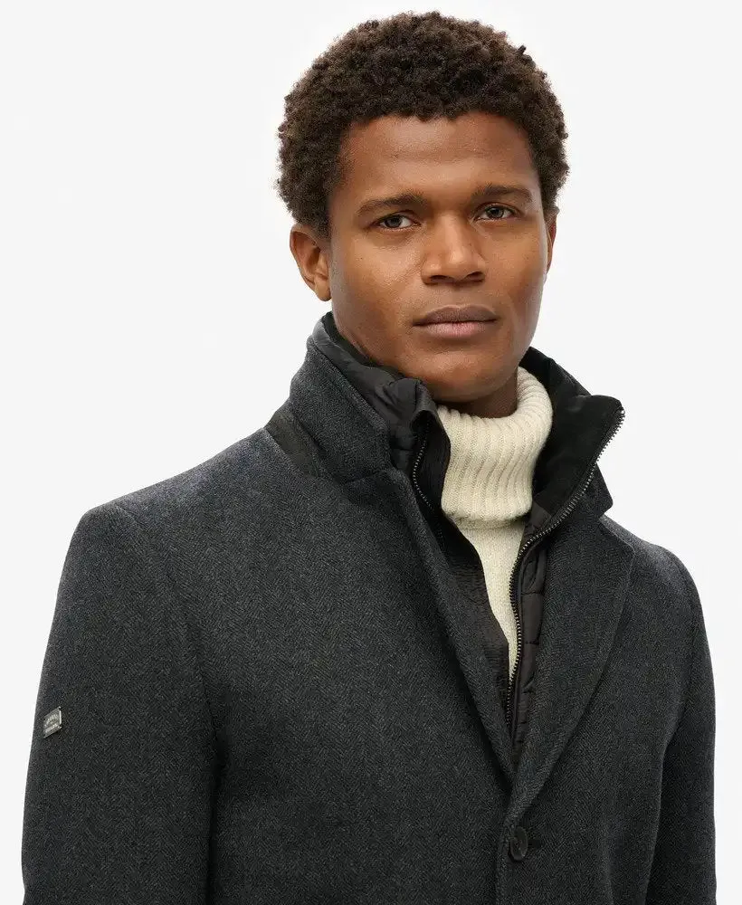Superdry Mens 2 In 1 Towncoat Overcoat Black Herringbone
