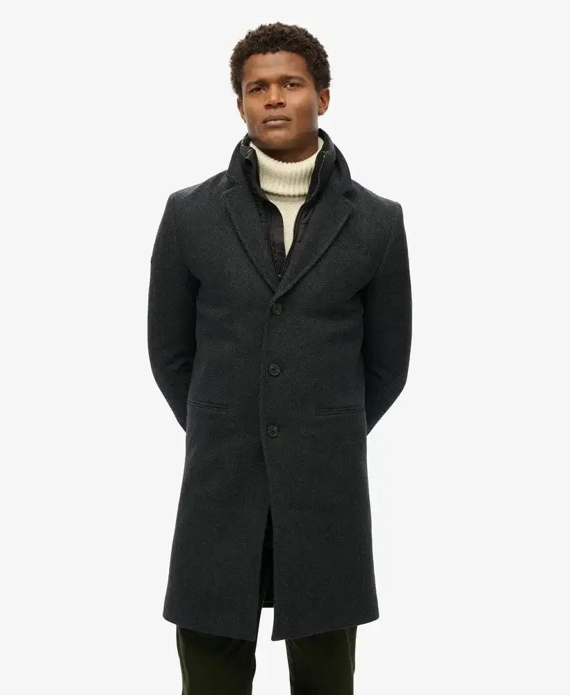 Superdry Mens 2 In 1 Towncoat Overcoat Black Herringbone