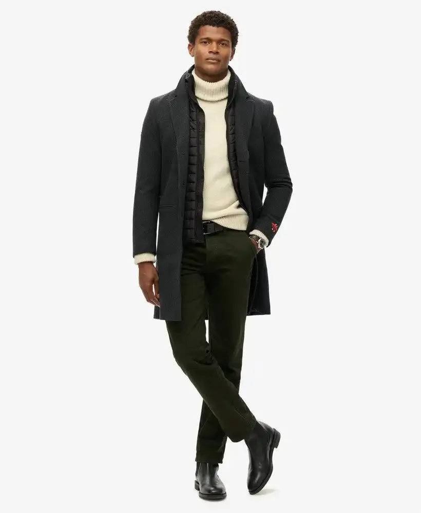 Superdry Mens 2 In 1 Towncoat Overcoat Black Herringbone