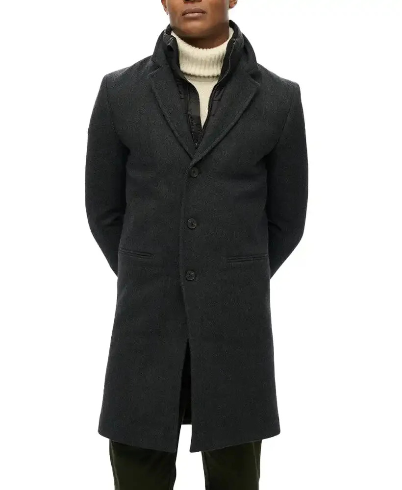 Superdry Mens 2 In 1 Towncoat Overcoat Black Herringbone