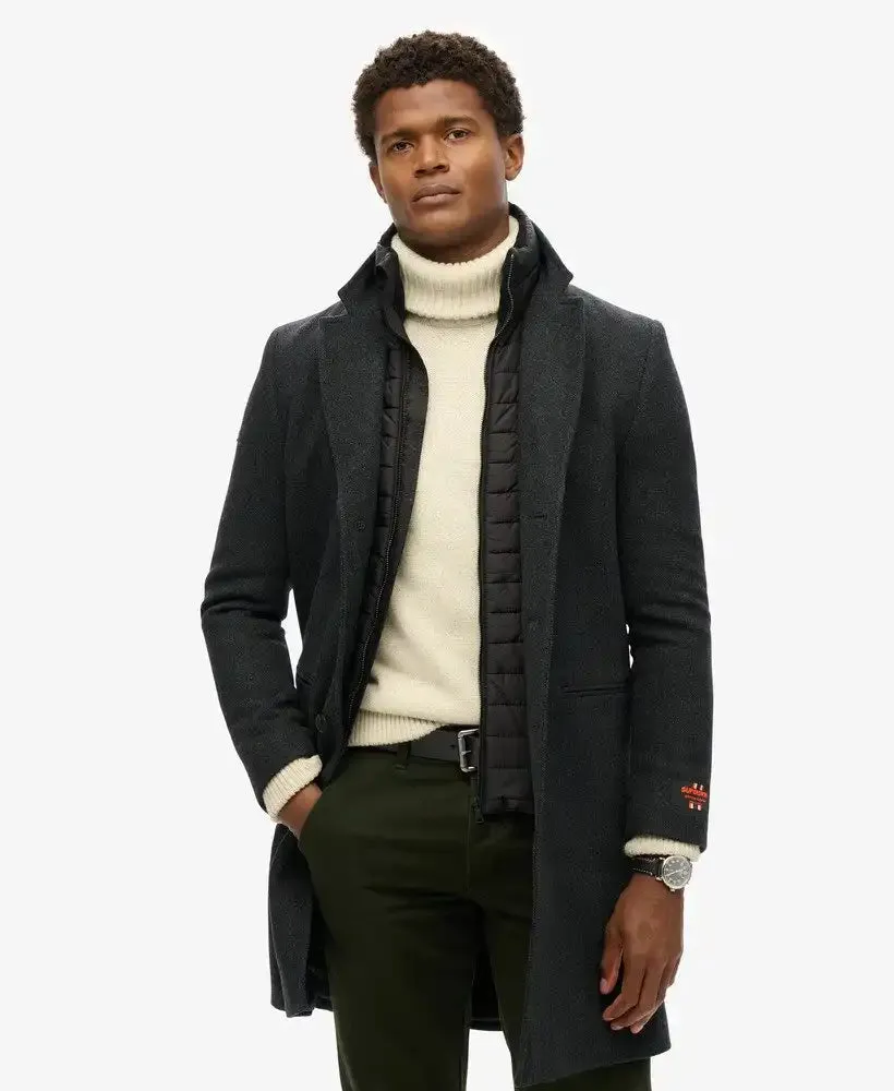 Superdry Mens 2 In 1 Towncoat Overcoat Black Herringbone