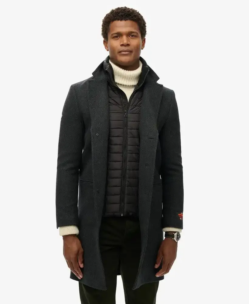 Superdry Mens 2 In 1 Towncoat Overcoat Black Herringbone