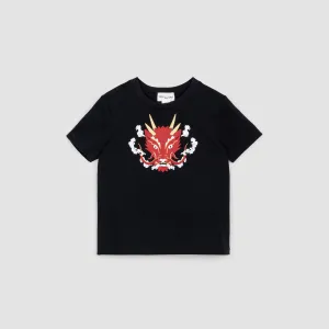 T-shirt noir à imprimé de tête de dragon