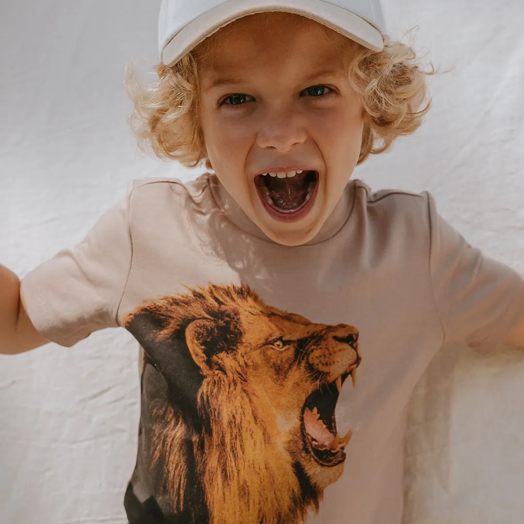 T-Shirt taupe à imprimé lion