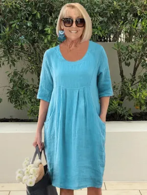 Tati - Tunic dress in plain cotton linen with pockets