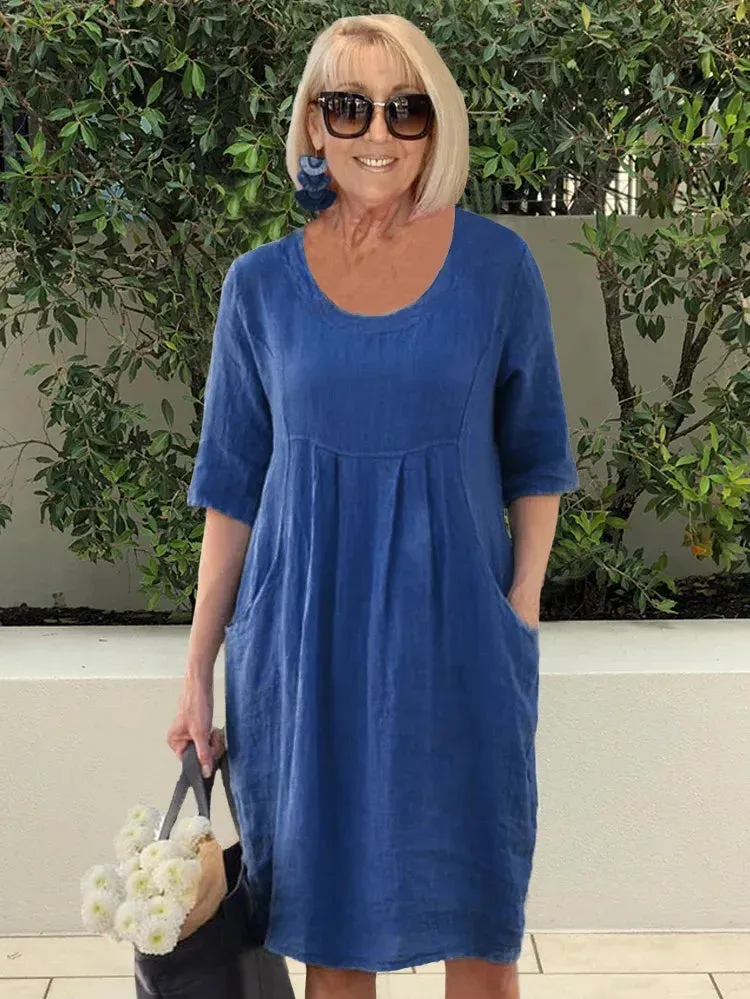 Tati - Tunic dress in plain cotton linen with pockets
