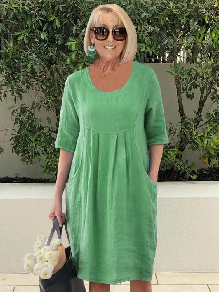 Tati - Tunic dress in plain cotton linen with pockets