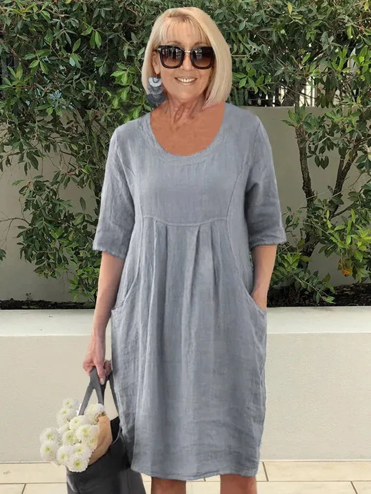 Tati - Tunic dress in plain cotton linen with pockets