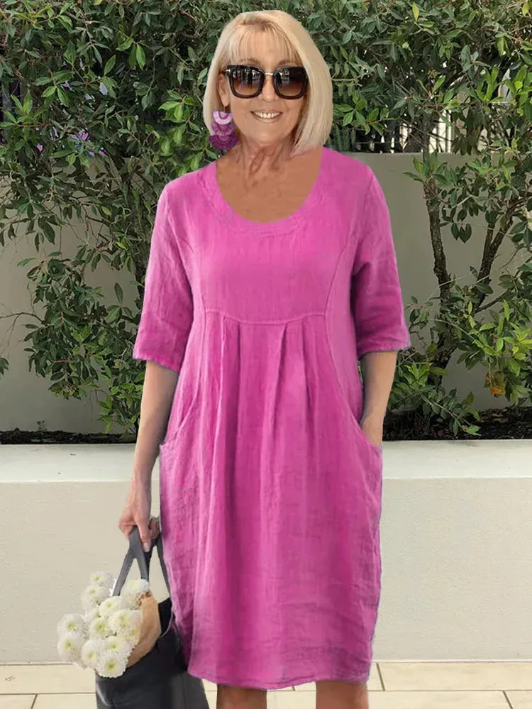 Tati - Tunic dress in plain cotton linen with pockets