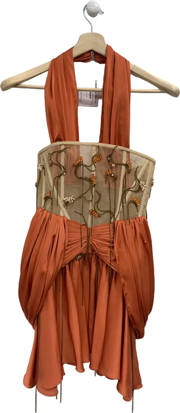 Tayfun Kaba Orange Draped Halter Neck Embellished Mini Dress UK XS