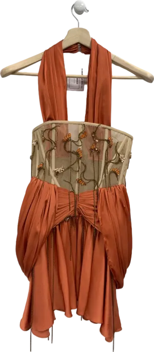 Tayfun Kaba Orange Draped Halter Neck Embellished Mini Dress UK XS