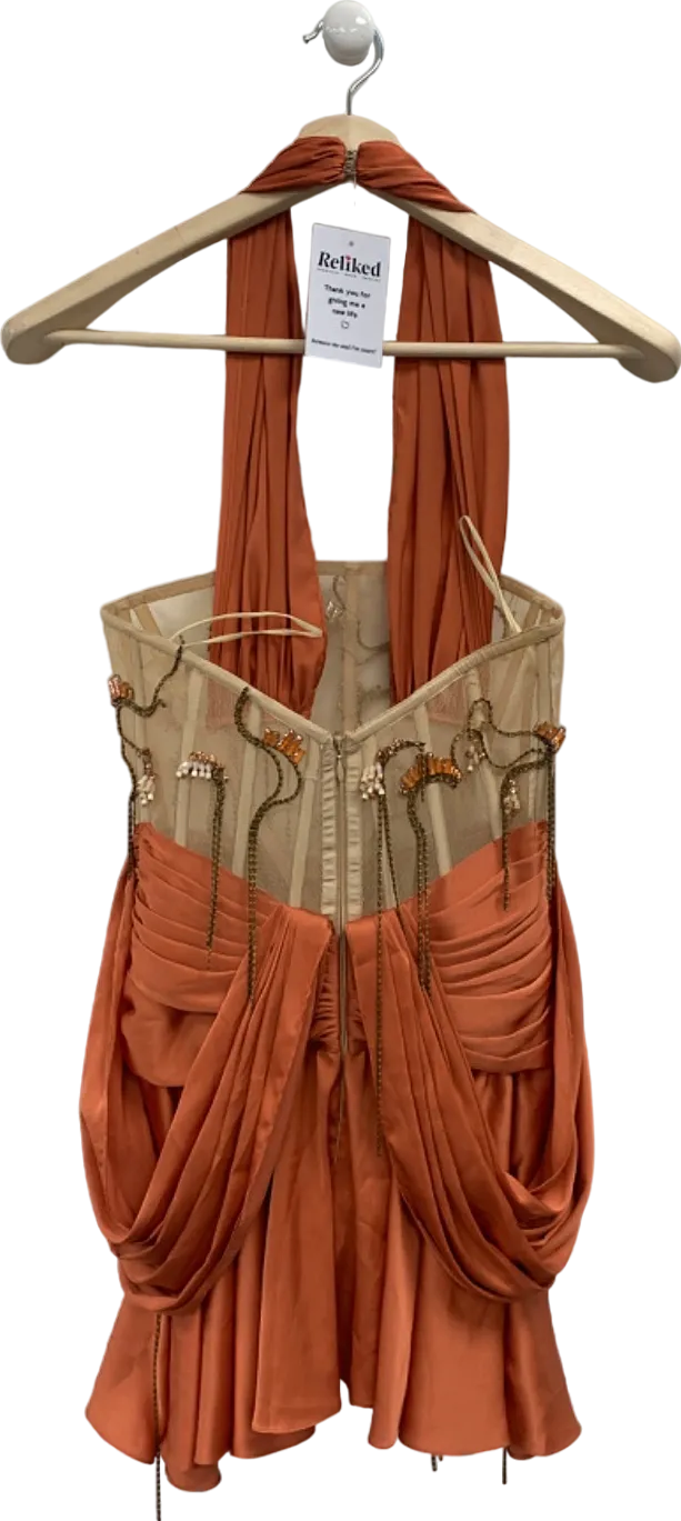 Tayfun Kaba Orange Draped Halter Neck Embellished Mini Dress UK XS