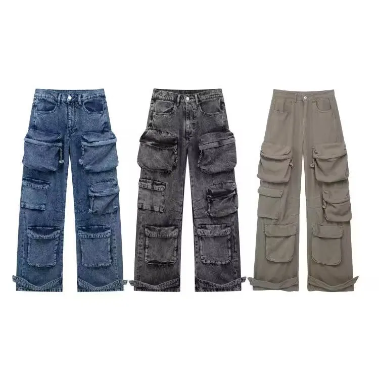Temperament Leisure Multi-pocket High Waist Work Clothes Jeans