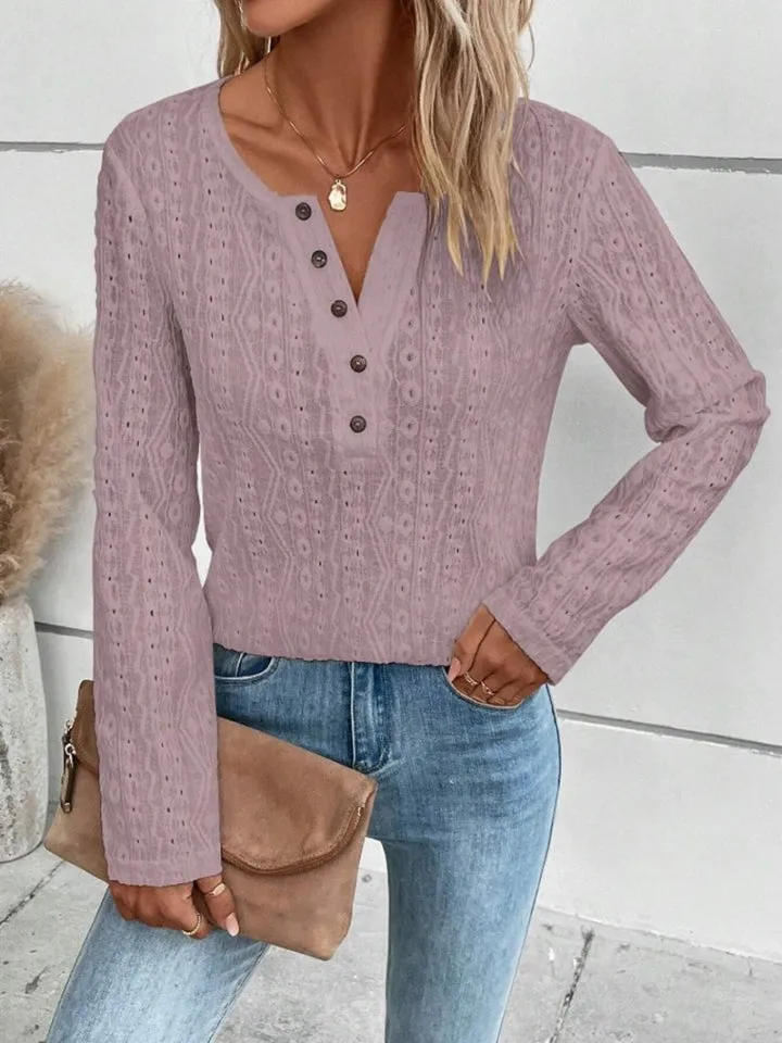 Tia Openwork Half Button Long Sleeve Top