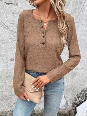 Tia Openwork Half Button Long Sleeve Top