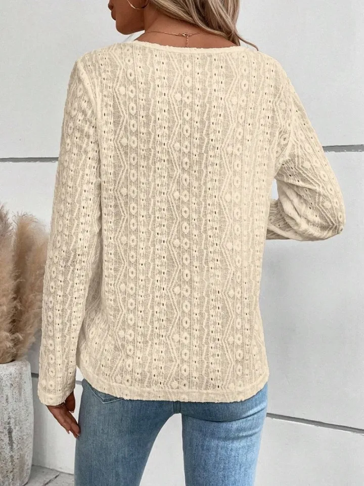 Tia Openwork Half Button Long Sleeve Top