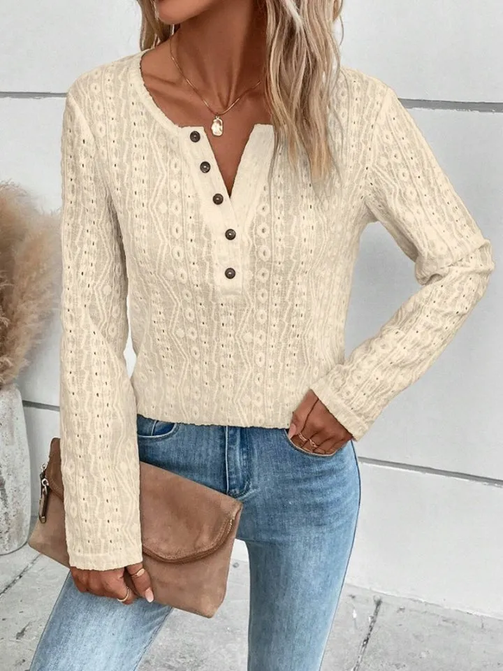 Tia Openwork Half Button Long Sleeve Top